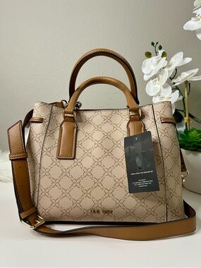 Nine West Beige & Brown Logo Satchel with Gold Hardware